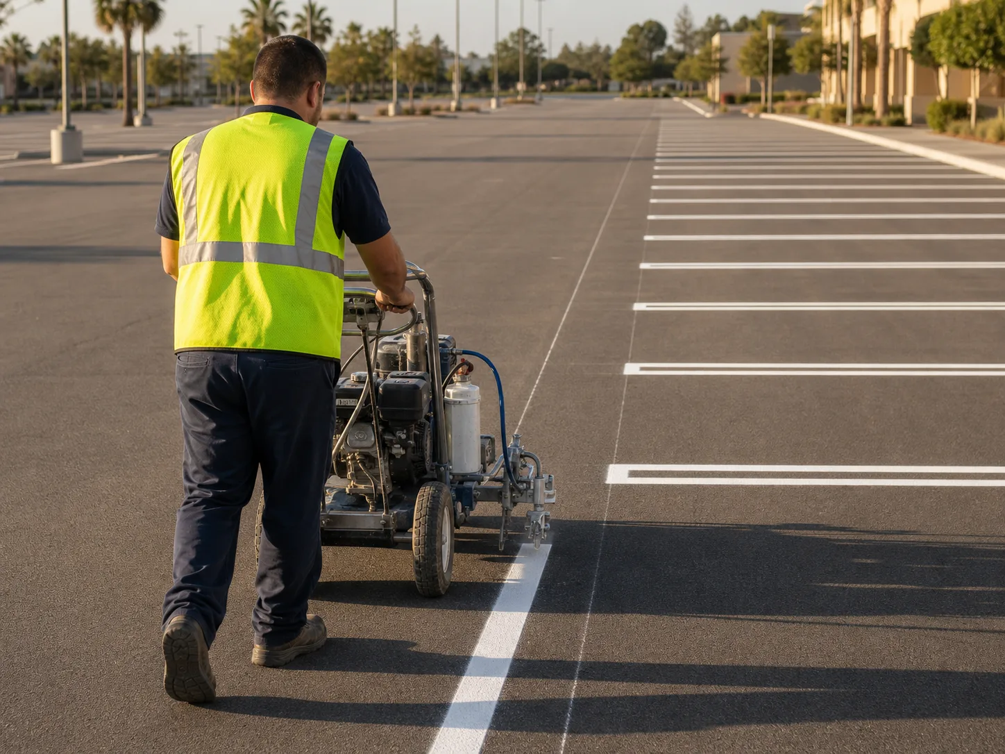 Completed commercial parking lot restripe with crisp white stall lines