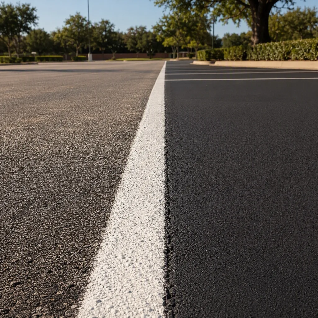 A tight detail of a crisp painted white line edge meeting fresh black sealer — the boundary dead straight and sharp, the paint surface faintly textured, the sealer matte and even