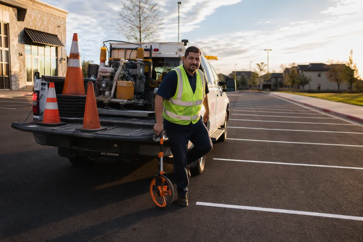 A plain white work truck with a striping rig on its bed arriving at a commercial lot at first light, cones already coming off the tailgate and a technician in a plain navy work shirt and plain hi-vis vest stepping down with a measuring wheel in one hand