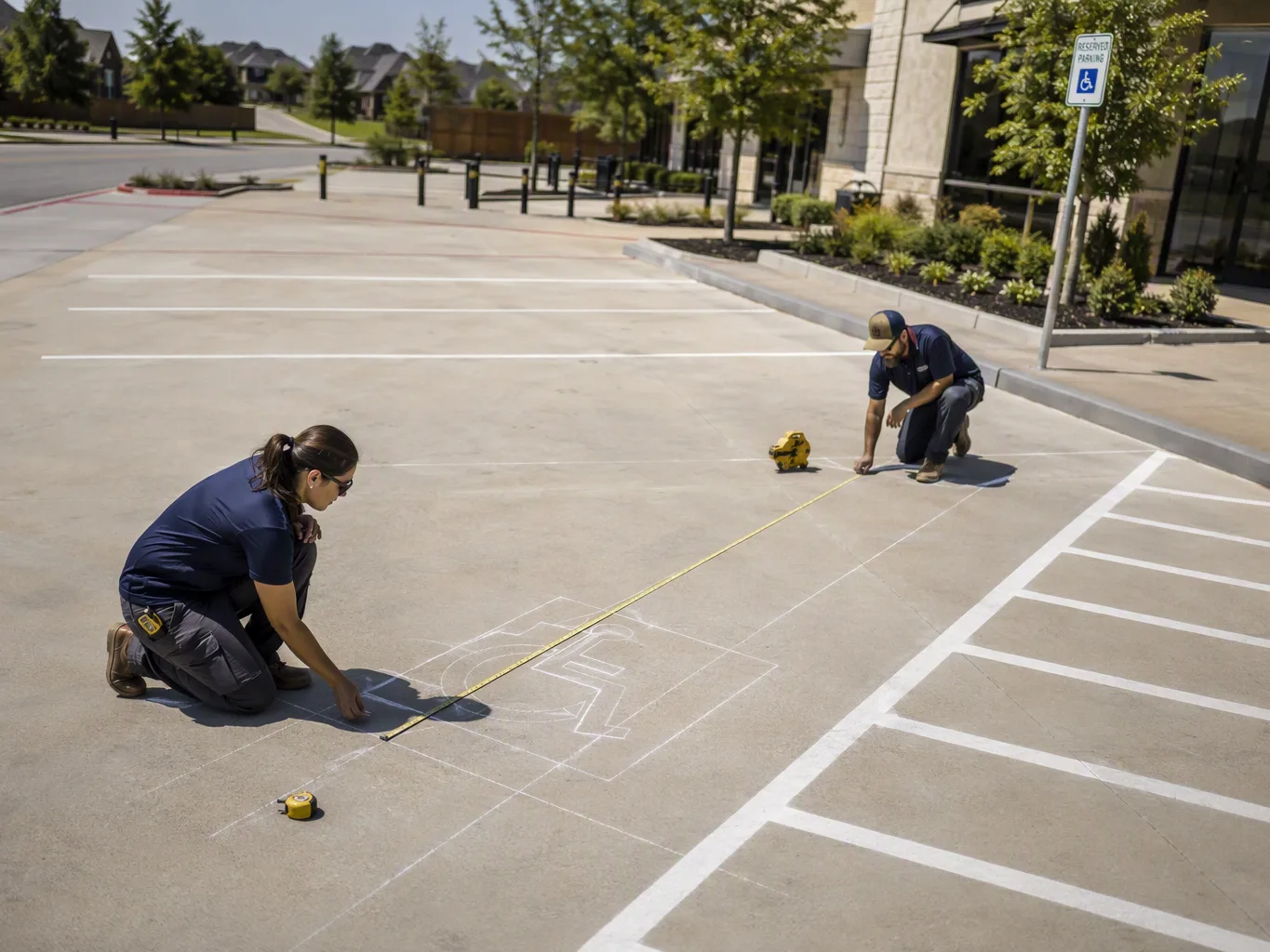 Before paint is applied, a striping contractor uses a tape measure and chalk line to lay out an accessible parking space and its access aisle, focused on the pavement markings rather than the camera