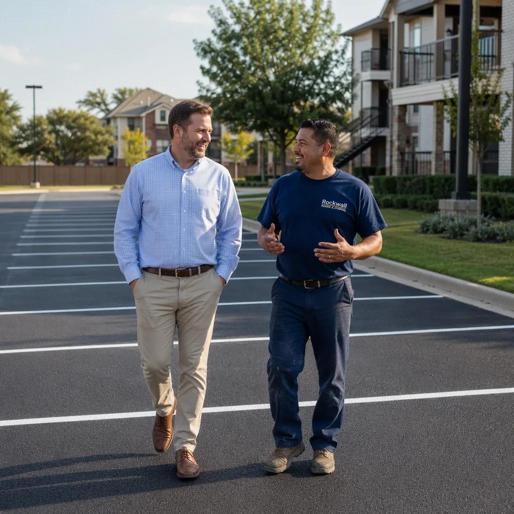A property manager walking the finished lot alongside the crew lead at the end of a job, both looking out across the new stall lines and talking