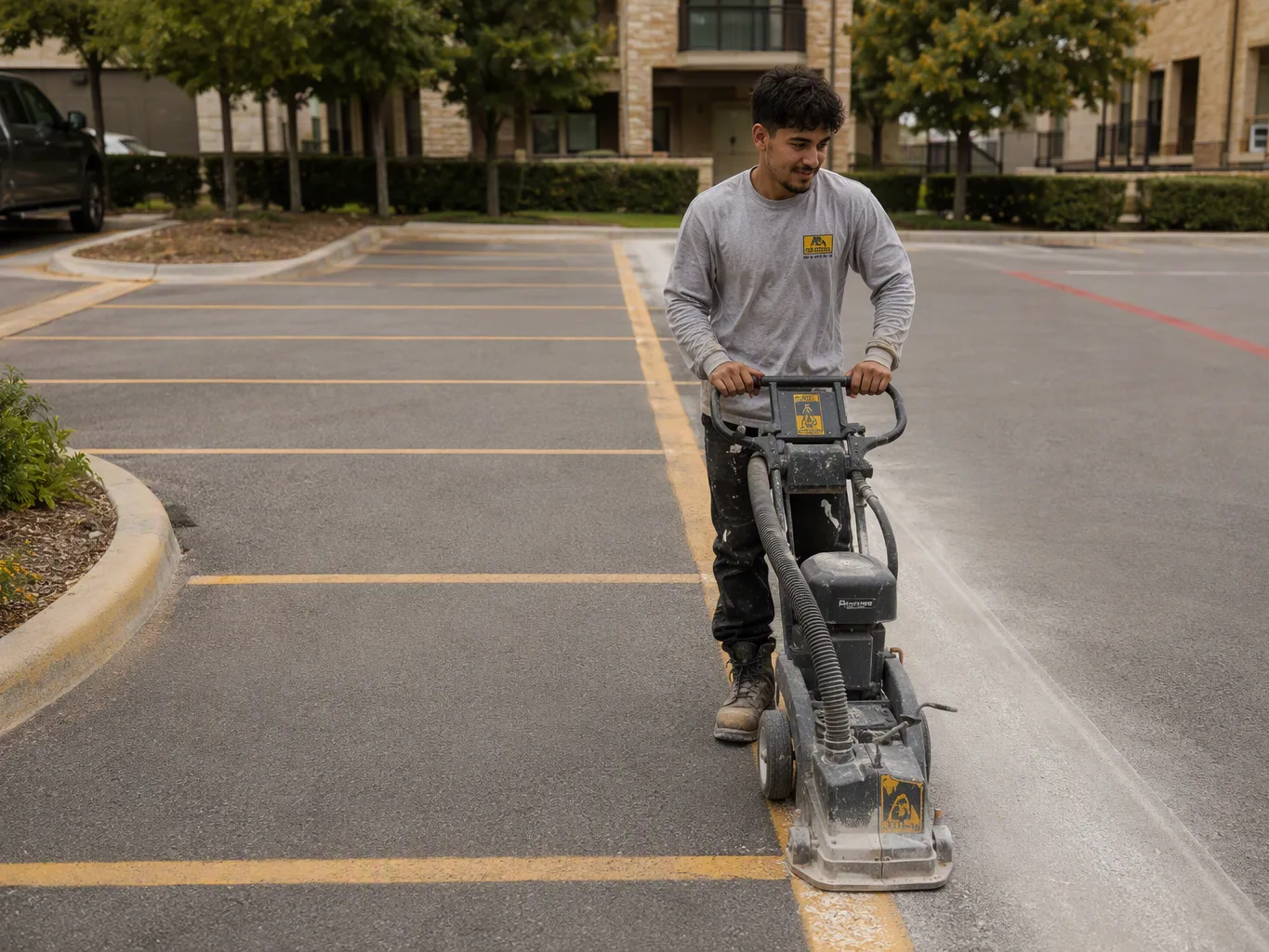 During the removal stage of an existing parking layout project, a striping contractor guides a walk-behind paint removal grinder over an obsolete painted stall line, with the cleared pavement visible behind the machine and the remaining line ahead