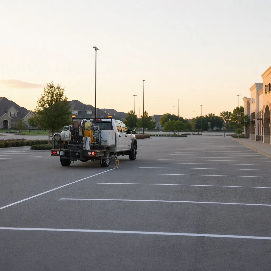 A plain white work truck with a striping rig on its bed pulling into a shopping centre car park in the early morning before the shops open, seen from a few paces away at a slight angle