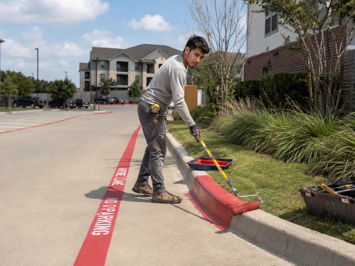 At the finishing stage of a fire lane marking project, a striping contractor uses a short-handled paint roller to apply red paint along a concrete curb beside a paved parking area, with the worker focused on keeping the edge even rather than looking at the camera