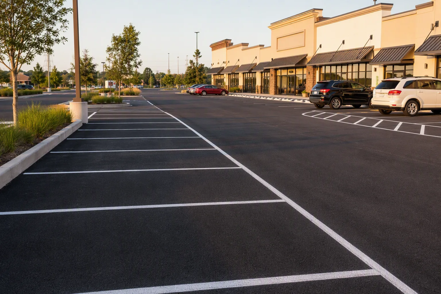 A completed retail parking lot restripe photographed from a slightly elevated angle, crisp white stall lines running in long straight parallel rows across dark asphalt, evenly spaced and all sharing one vanishing point toward a low shopfront with plain awnings