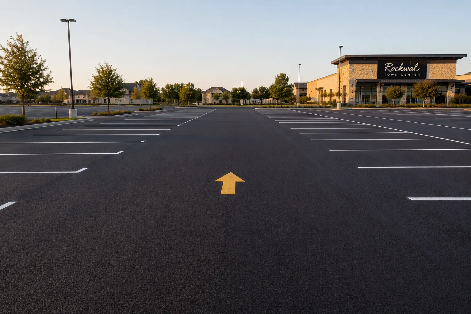 A large commercial parking lot immediately after sealcoating and restriping — deep even black asphalt with brilliant white stall lines running in straight parallel rows across it, evenly spaced, sharing one vanishing point