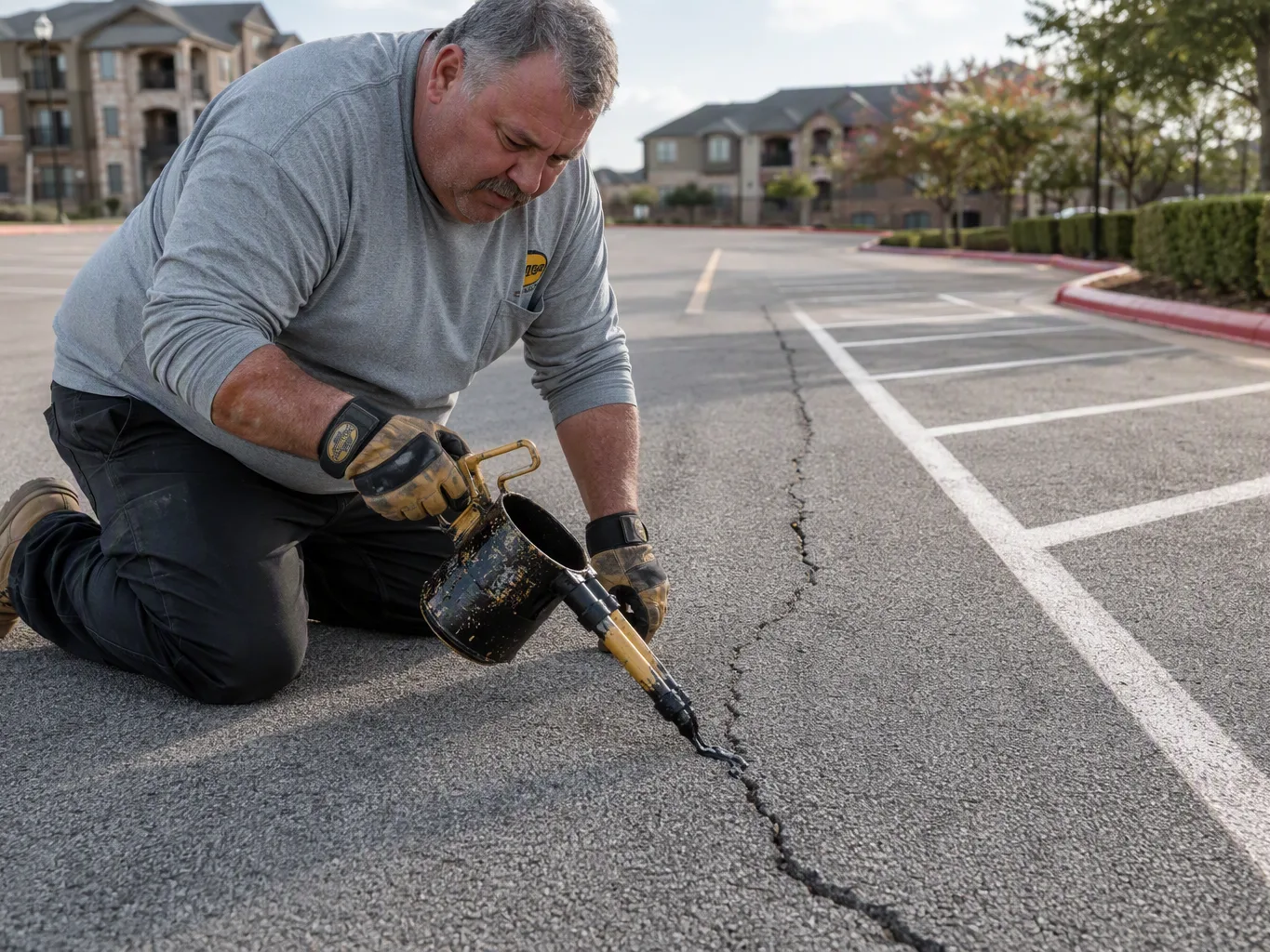 At the application stage of a pavement crack repair, a striping contractor kneels beside an asphalt parking area and guides a handheld crack-filling pour pot along a cleaned pavement crack, watching the filler flow into the opening rather than looking at the camera