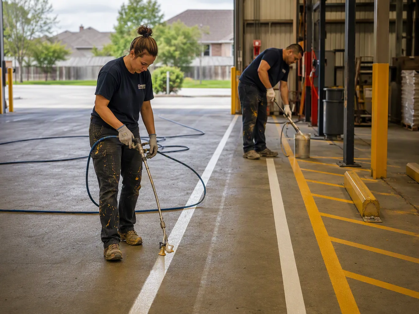Inside a warehouse, a striping contractor applies a straight floor line with an airless paint sprayer during the application stage, moving along a marked aisle boundary while watching the spray path