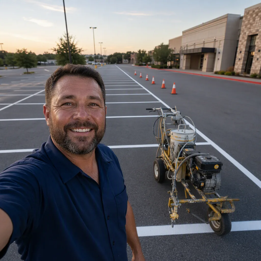 A striping technician in a plain navy work shirt holding his phone at arm's length for a selfie in an empty commercial parking lot before an overnight restripe, grinning at the camera, his walk-behind striping machine and a line of cones behind him