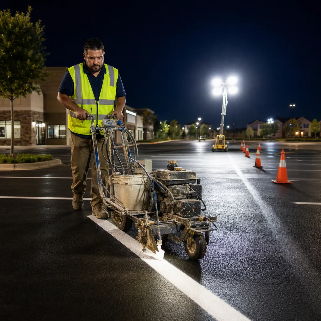 An overnight restripe in progress in an empty commercial parking lot — a technician walking a striping machine under portable work lights, the fresh white line glowing against dark wet-looking asphalt, cones catching the light in an evenly spaced row