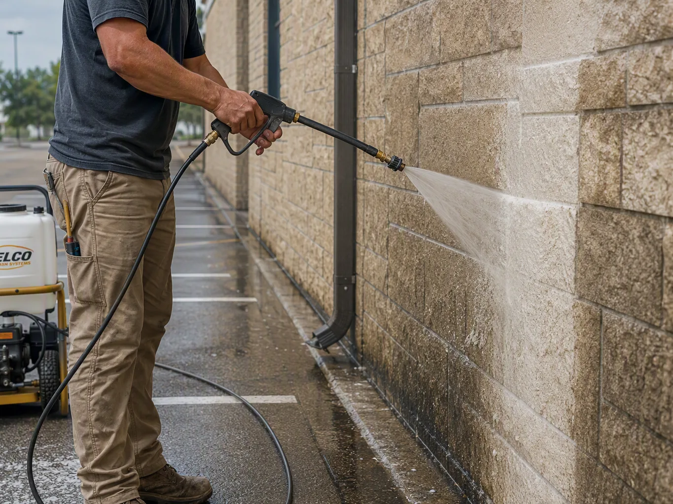 During the application stage of a soft-washing job, a worker uses a low-pressure pump sprayer to apply cleaning solution across an exterior wall, keeping attention on the spray pattern rather than the camera