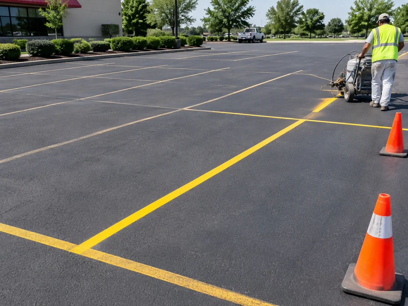At the marking stage of a parking lot restriping project, a striping contractor presses a reusable stencil against the pavement while using a handheld paint sprayer to apply a numbered parking space marking