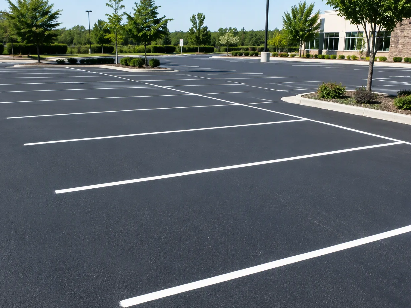 During surface preparation for a parking lot restriping project, a striping contractor kneels beside a faded stall line and uses a long-handled floor scraper to lift loose old paint from the asphalt, keeping attention on the pavement