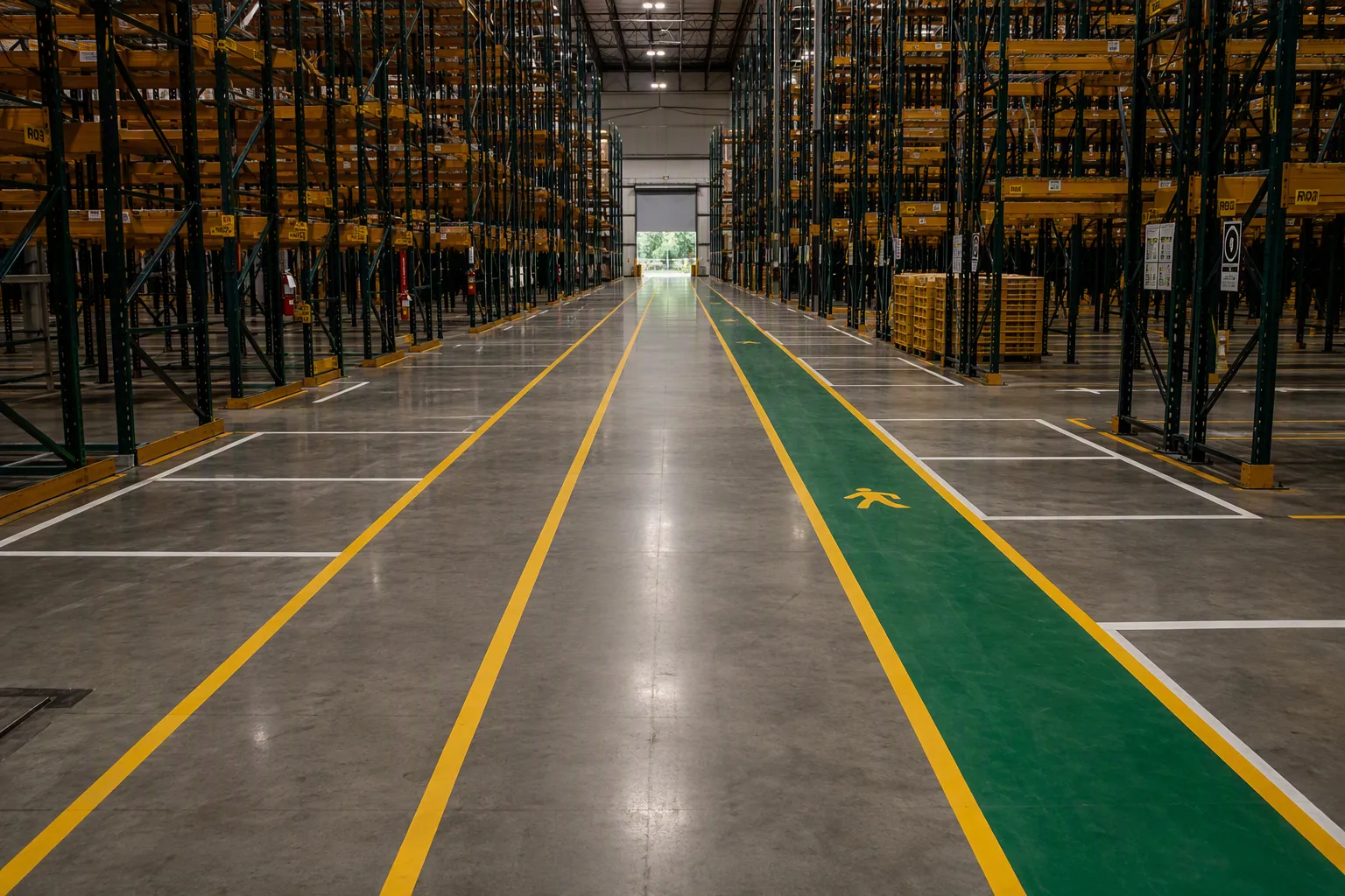 A finished warehouse floor marking scheme viewed down a wide aisle — yellow forklift aisle lines, a green pedestrian walkway running parallel beside them, and white staging outlines on the polished concrete slab