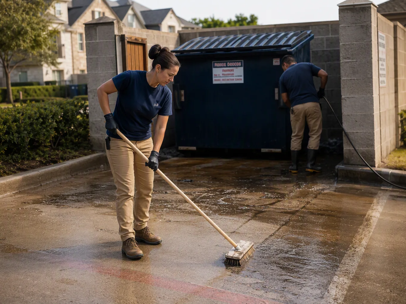During the scrubbing stage of a dumpster pad cleaning job, a striping contractor works a long-handled stiff-bristle deck brush across a stained concrete pad beside a dumpster enclosure, concentrating on the surface rather than the camera