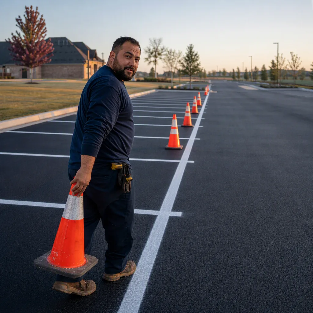 Traffic cones being lifted clear off a finished parking lot at first light, one cone in a technician's hand and a straight line of others still standing along the edge of the fresh work, evenly spaced