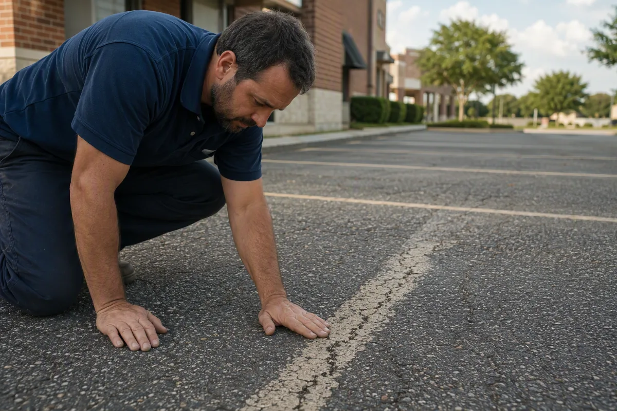 A striping technician in a plain navy work shirt crouched over a faded, cracked stall line on an old commercial lot, one hand flat on the asphalt beside the crack, reading how much of the surface has gone