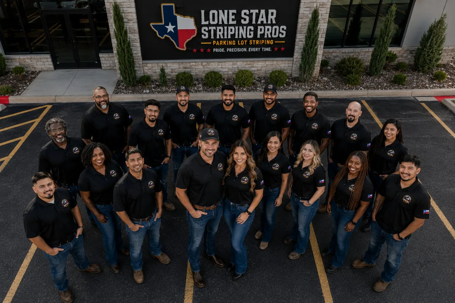 A small team of four striping technicians in plain navy work shirts standing together at the edge of a freshly striped commercial parking lot, relaxed and not posed, one plain white work truck visible just behind them with blank door panels
