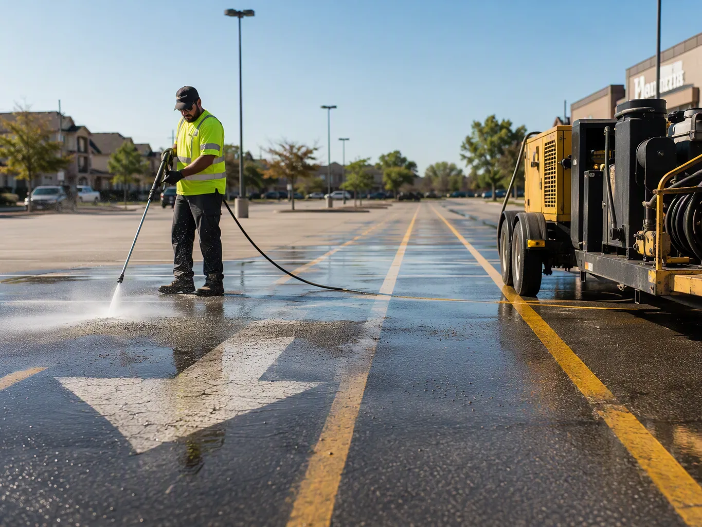 At the removal stage of a pavement marking project, a striping contractor directs a water-blasting wand across an obsolete painted arrow on a paved surface, with the cleared section visible beside the remaining marking