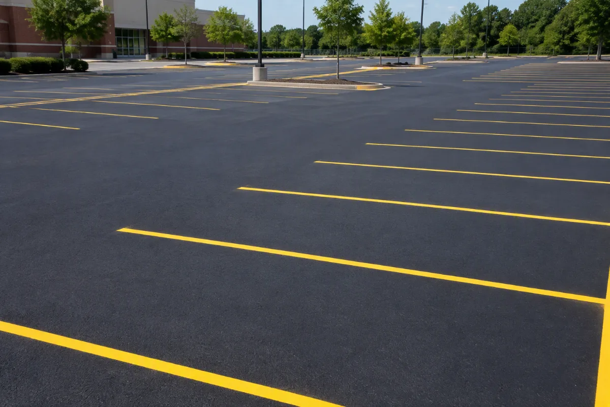 A striping contractor in a plain navy work shirt and a property manager in ordinary business-casual clothes walking a worn parking lot together with a measuring wheel and a marked-up layout print between them, both looking down at the surface and talking