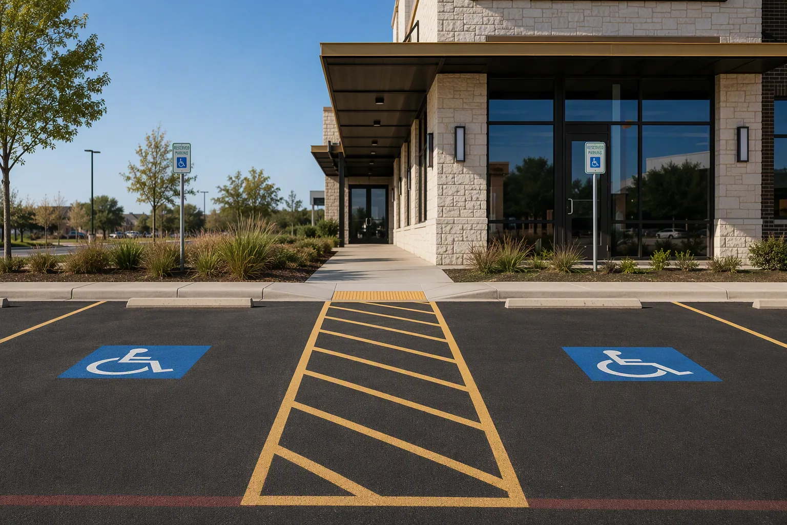 Two finished accessible parking stalls side by side sharing a single hatched access aisle between them, the diagonal hatching evenly spaced and unbroken
