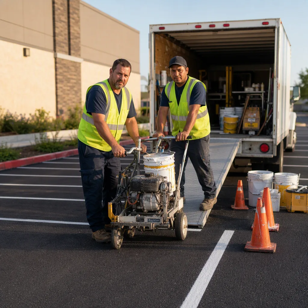 Two crew members unloading a walk-behind line striping machine down a ramp from the back of a plain white work truck at a commercial property, each with both hands on the machine and nobody reaching elsewhere