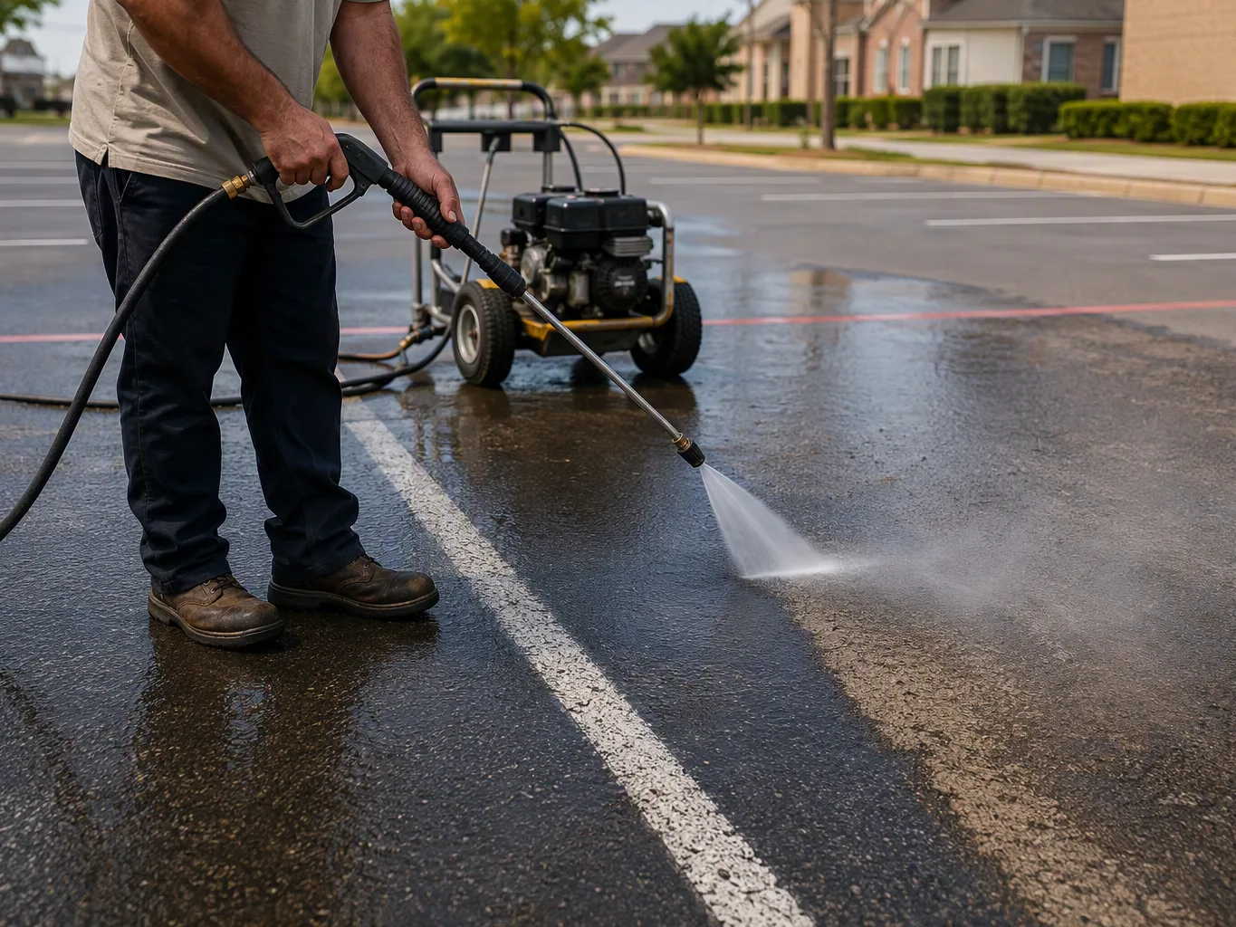 At the cleaning stage of a pavement power washing job, a striping contractor directs a pressure washer wand across a dirty asphalt parking area, with a visibly cleaner section behind the spray and surface buildup ahead of it