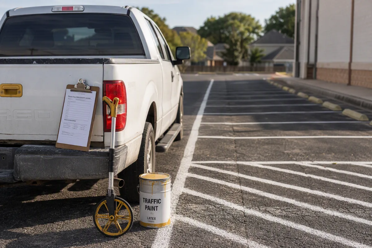 A clipboard with an out-of-focus, unreadable quote resting on the tailgate of a plain white work truck beside a measuring wheel and a paint pail, a worn commercial lot softly blurred behind it