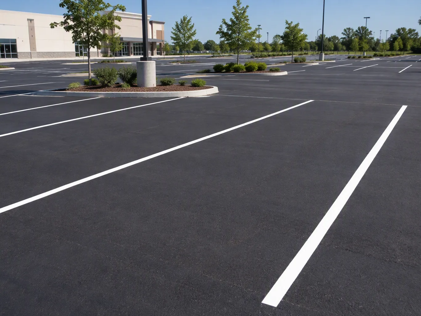 A striping contractor performs a small parking lot marking touch-up with a handheld detail brush, carefully filling a worn corner of a painted stall line during the maintenance stage