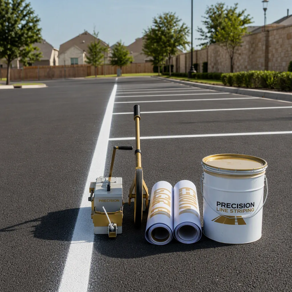 A set of tools laid down neatly on clean asphalt beside the work they have just finished — a chalk line reel, a measuring wheel, two rolled stencil sheets and a paint pail with its lid resting on top, arranged in a tidy row
